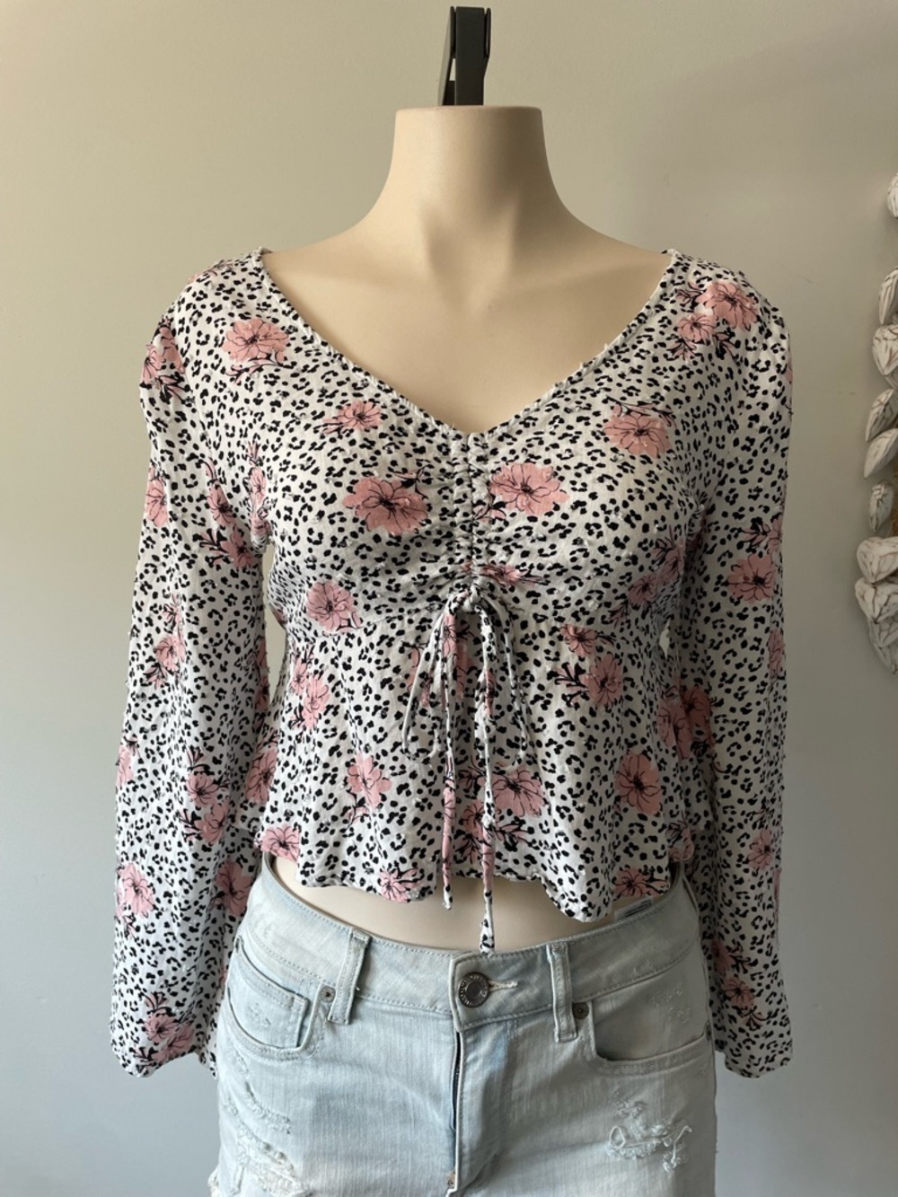 Sadie & Sage Floral Animal Print Peplum Crop Top Blouse Ruched Self Tie